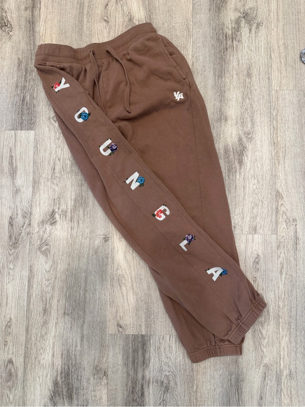 YoungLA YLA Medium Brown Floral Logo Sweatpants Joggers 100% Cotton